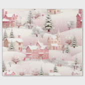 Roze Kerstmis Sneeuwdorp Cadeaupapier (Vlak)