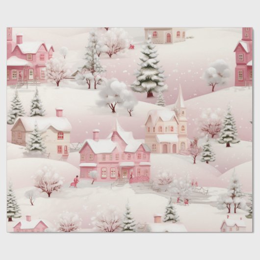  Roze Kerstmis Sneeuwdorp Cadeaupapier (Vlak)