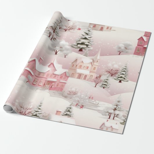 Roze Kerstmis Sneeuwdorp Cadeaupapier (Uitgerold)