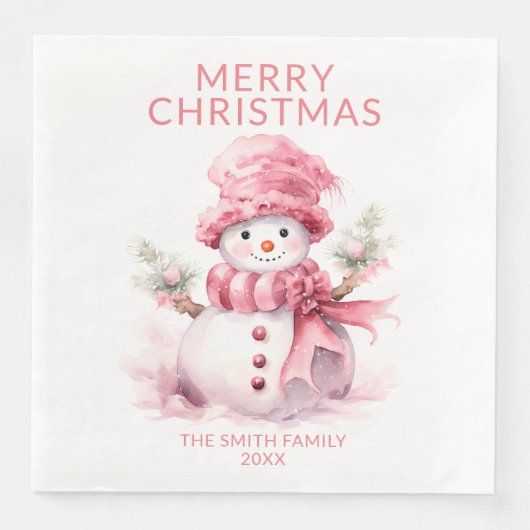 Roze Kerstmis Sneeuwman Party Servet (Voorkant)