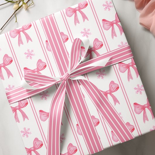 Roze Kerstmis Sneeuwvlok & Bow Coquette Gift Cadeaupapier