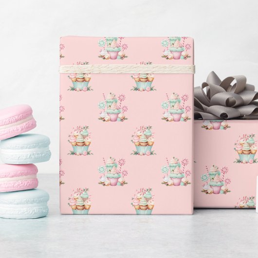 Roze Kerstmis Sneeuwvlok Cupcake Verjaardag Cadeaupapier