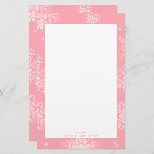 Roze Kerstmis Sneeuwvlokken gepersonaliseerd Briefpapier (Voorkant / Achterkant)