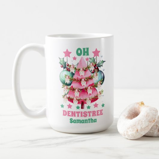 Roze Kerstmis Tandarts Vrolijk Kerstmis Custom Nam Koffiemok (Met donut)