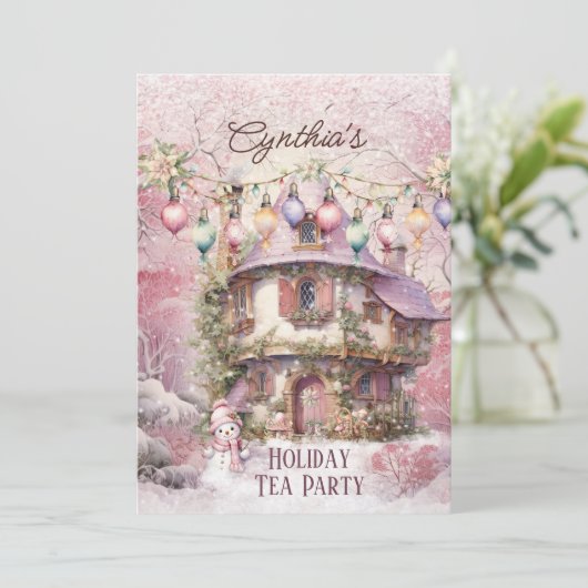 Roze Kerstmis Tea Party Kaart (Staand voorkant)