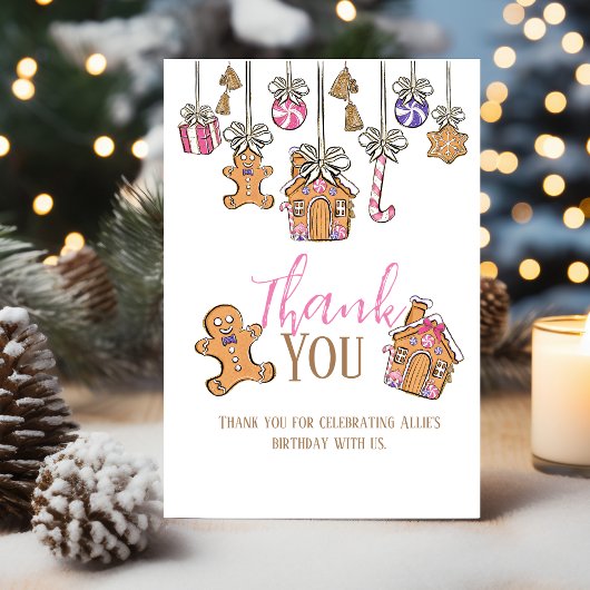 Roze Kerstmis Verjaardag Flat Dank u Kaart