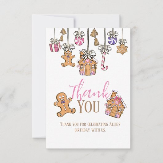 Roze Kerstmis Verjaardag Flat Dank u Kaart (Voorkant)