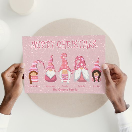 Roze Kerstmis Vijf Gnomen aangepaste Familie Feestdagenkaart