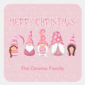 Roze Kerstmis Vijf Gnomen aangepaste Familie Vierkante Sticker (Voorkant)