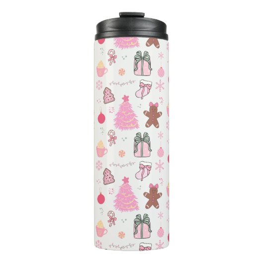 Roze Kerstmispatroon Thermosbeker (Voorkant)