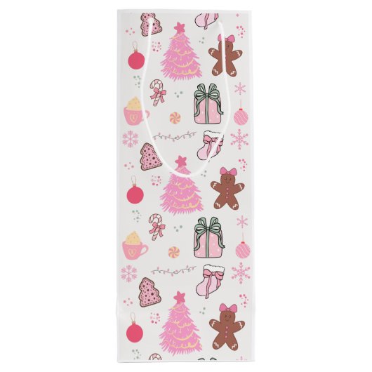 Roze Kerstmispatroon Wijn Cadeautas (Achterkant)