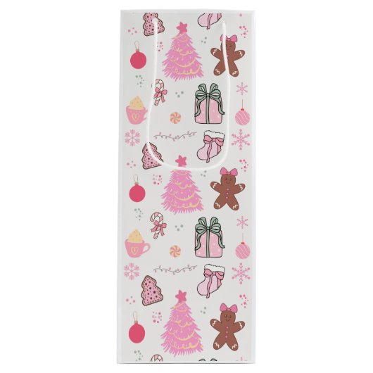Roze Kerstmispatroon Wijn Cadeautas (Voorkant)
