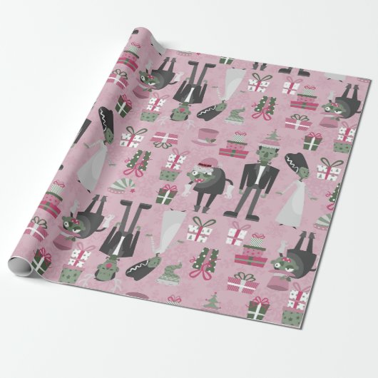 Roze Kerstmonsterbruid Frankenstein Cadeaupapier (Uitgerold)