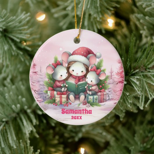 Roze Kerstmuis Kinder Foto Ornament (Boom)