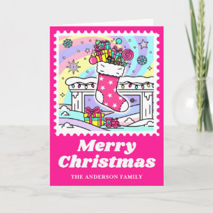 Roze Kerstmuts Postzegel Feestdagen Kaart