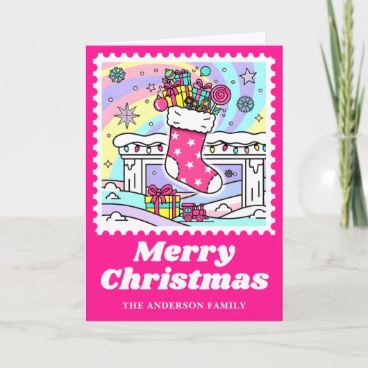 Roze Kerstmuts Postzegel Feestdagen Kaart (Voorkant)