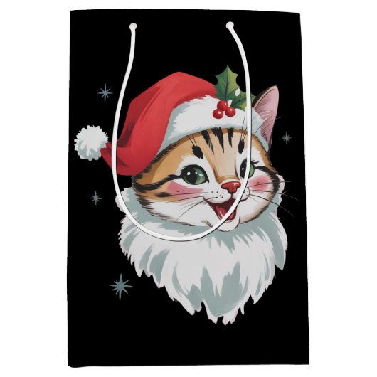 Roze kerstmuts Retro Kute Kitty Kat Kerstmis Medium Cadeauzakje (Voorkant)
