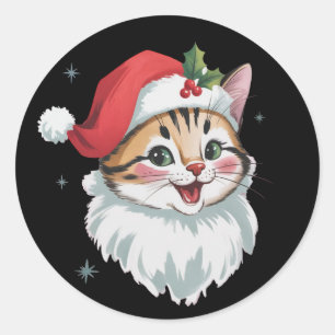 Roze kerstmuts Retro Kute Kitty Kat Kerstmis Ronde Sticker