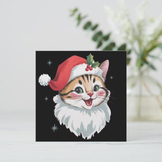 Roze kerstmuts Retro Malse Kitty Kat Kerstmis  Feestdagenkaart (Staand voorkant)