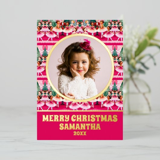 Roze Kerstnotenkraker Ballerina Kinder Foto Folie Feestdagenkaart (Staand Voorkant)