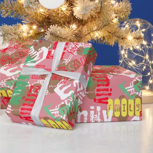 Roze kerstontbijt Gift Wrap Naam Veranderend Cadeaupapier (Feestdagen)