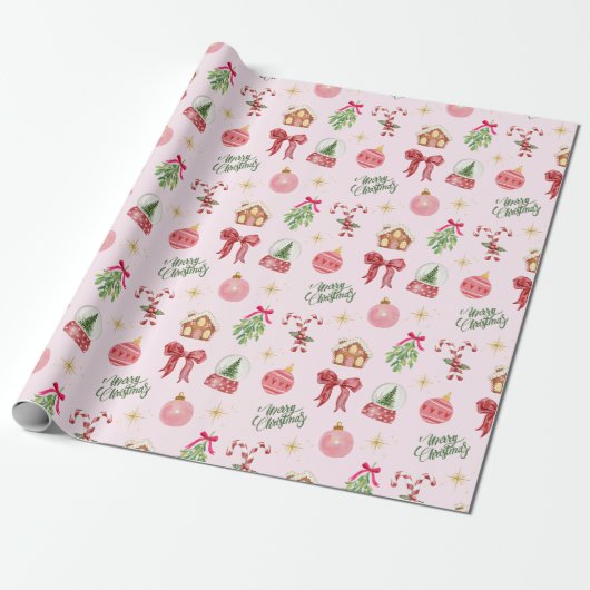 Roze kerstpapier cadeaupapier (Uitgerold)