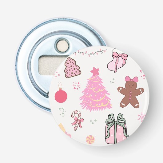 Roze Kerstpatroon Button Flesopener (Voorkant)