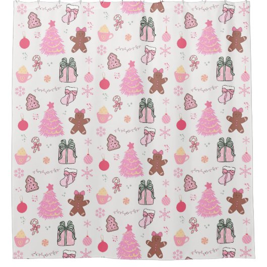 Roze Kerstpatroon Douchegordijn (Voorkant)