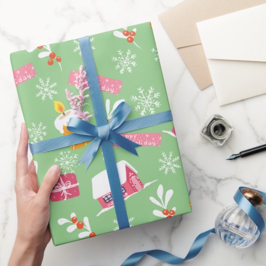 Roze kerstpatroon met groene achtergrond cadeaupapier (Geschenken)