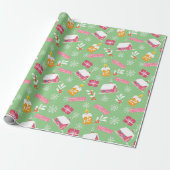Roze kerstpatroon met groene achtergrond cadeaupapier (Uitgerold)