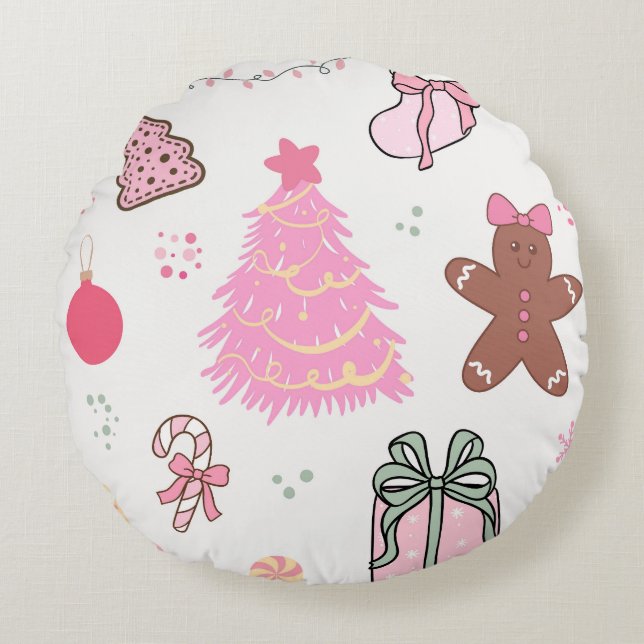 Roze Kerstpatroon Rond Kussen (Voorkant)