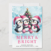 Roze kerstpinguïns vrolijk en helder feestdagenkaart (Voorkant)