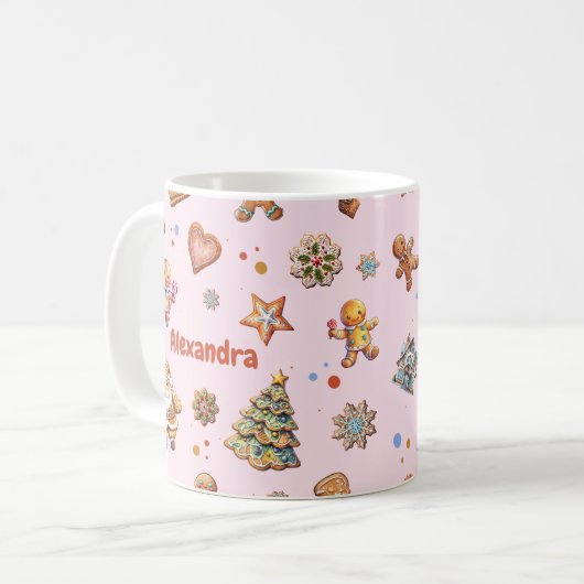 Roze Kerstplezier Schattige Gingerbread Naam Custo Koffiemok (Voorkant links)