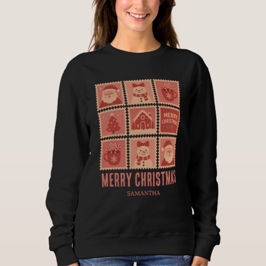 Roze kerstpostzegelcollage trui (Voorkant)
