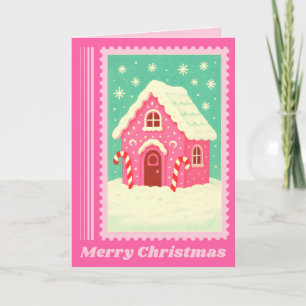 Roze kerstpostzegelhuis van gemberkoek feestdagen kaart