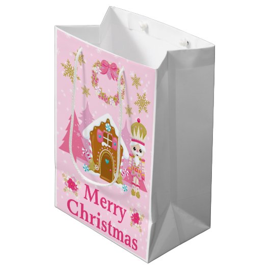 Roze kerstrecker en ontbijtkoek medium cadeauzakje (Voorkant Gekanteld)