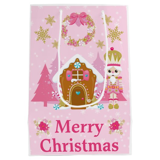 Roze kerstrecker en ontbijtkoek medium cadeauzakje (Achterkant)