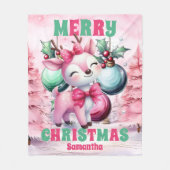 Roze Kerstrendier Gepersonaliseerde Kinder Naam Fleece Deken (Voorkant)