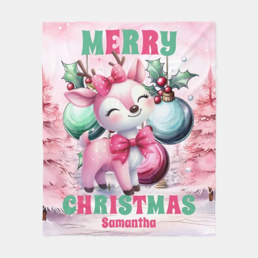 Roze Kerstrendier Gepersonaliseerde Kinder Naam Fleece Deken (Voorkant)