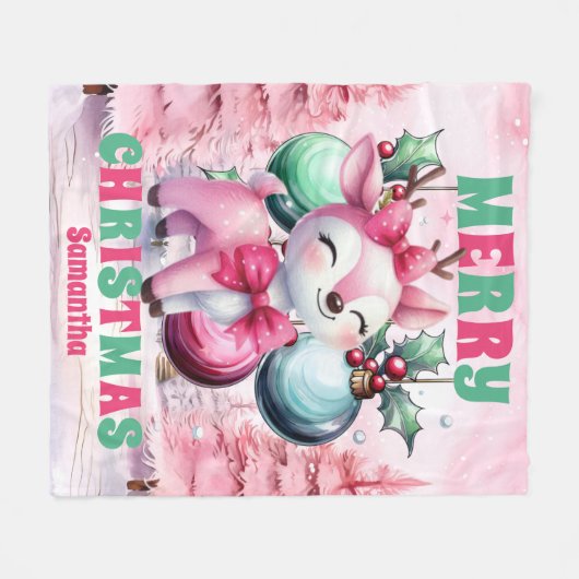 Roze Kerstrendier Gepersonaliseerde Kinder Naam Fleece Deken (Voorkant (Horizontaal))