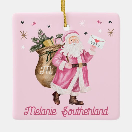 Roze Kerstretro  Kerstman Brief Keramisch Ornament (Voorkant)