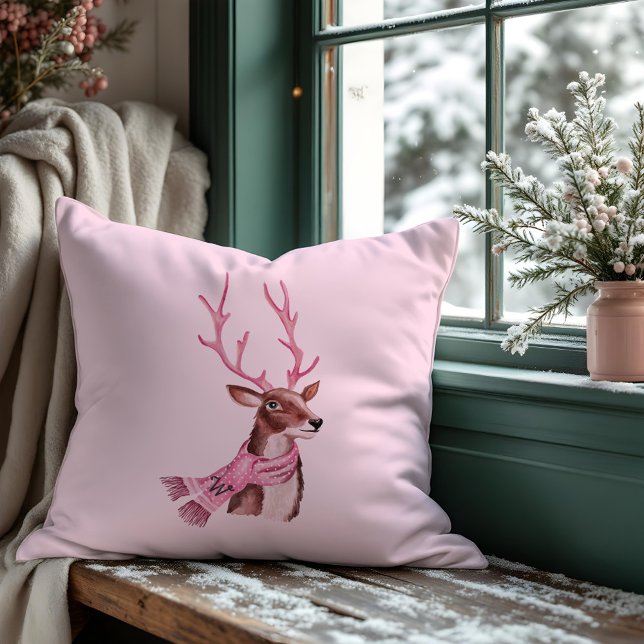 Roze Kerstretro  Rendier Monogram Kussen (Pink Christmas Retro Vintage Reindeer Monogram Throw Pillow)