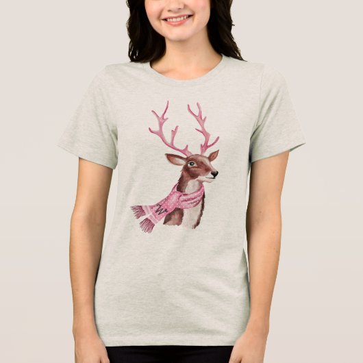 Roze Kerstretro  Rendier Monogram Tri-Blend Shirt (Voorkant)