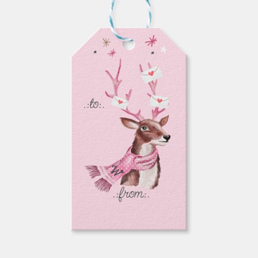 Roze kerstretro  rendier naar van cadeaulabel (Voorkant)