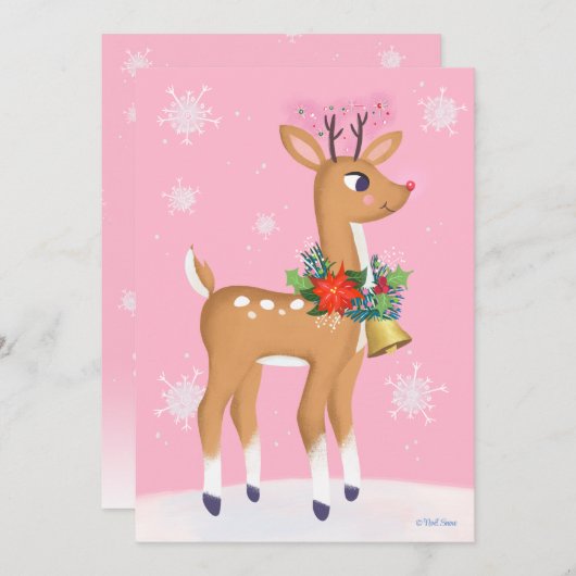 Roze kerstretro Rudolph Persoonlijke flatkaart Feestdagenkaart (Voorkant / Achterkant)