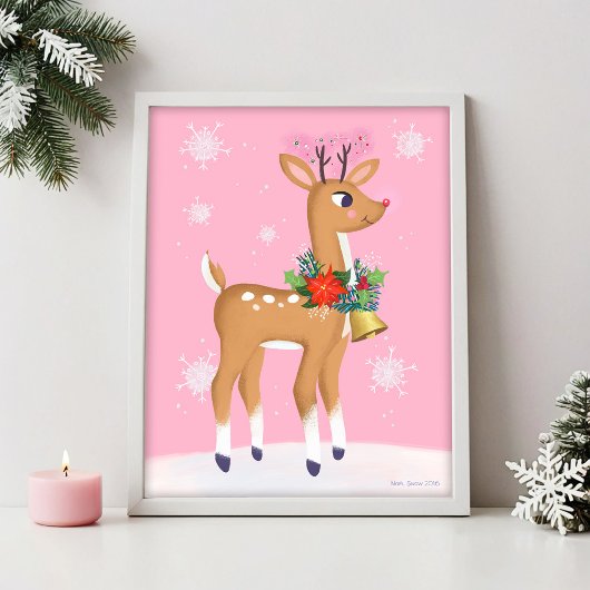 Roze Kerstretro Rudolph Rendier Art Print