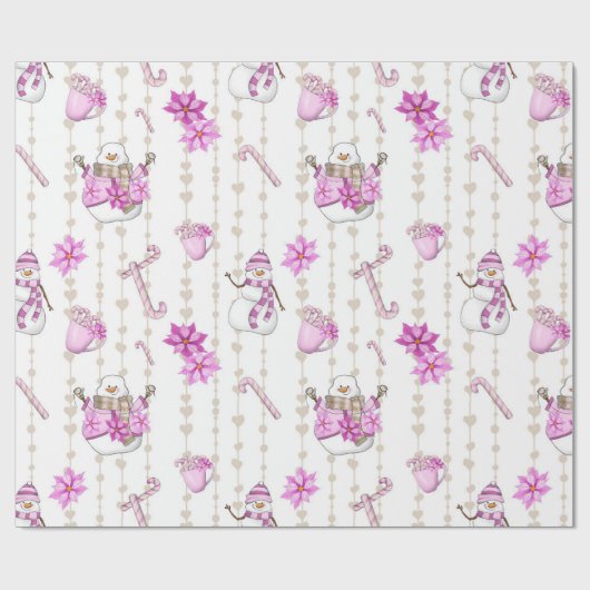 Roze kerstroze Snowmen en Snowflakes Cadeaupapier (Vlak)