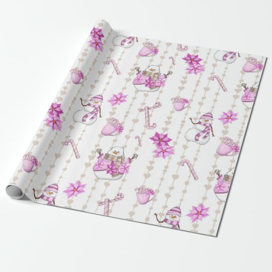 Roze kerstroze Snowmen en Snowflakes Cadeaupapier (Uitgerold)