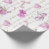 Roze kerstroze Snowmen en Snowflakes Cadeaupapier (Hoek)