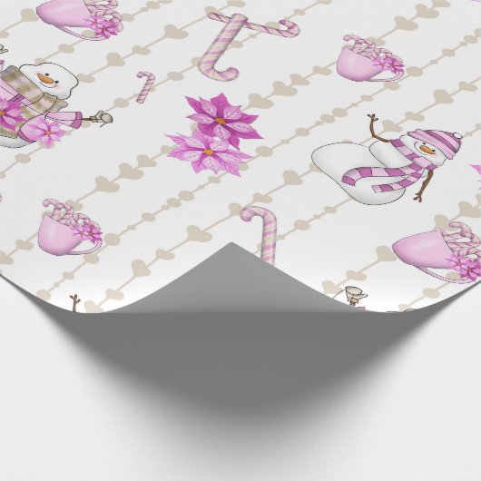 Roze kerstroze Snowmen en Snowflakes Cadeaupapier (Hoek)